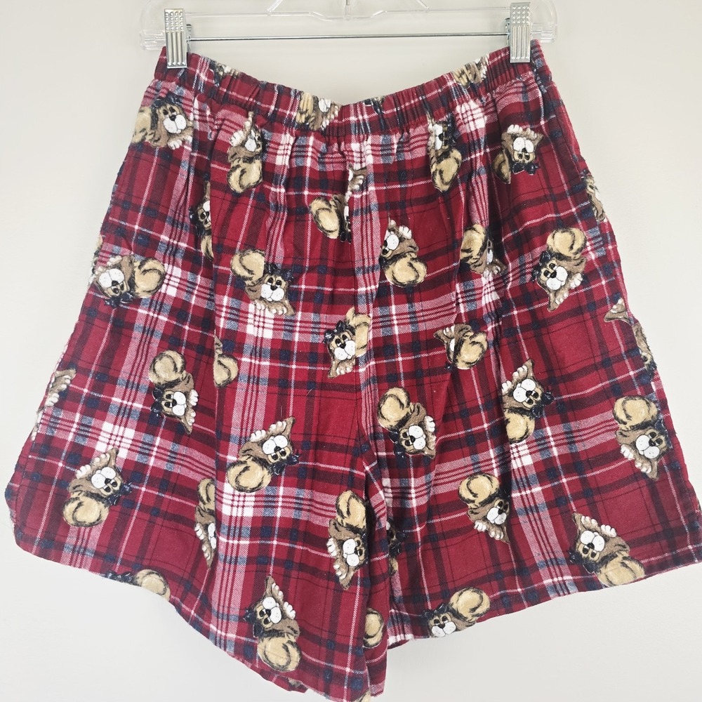 VTG Kathy Ireland Plaid‎ Pajama Shorts Sz. Large Fleece Dogs Puppy.D59
